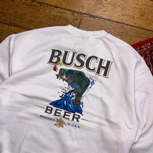 Vintage Busch Beer Fish White Graphic Sweatshirt - L