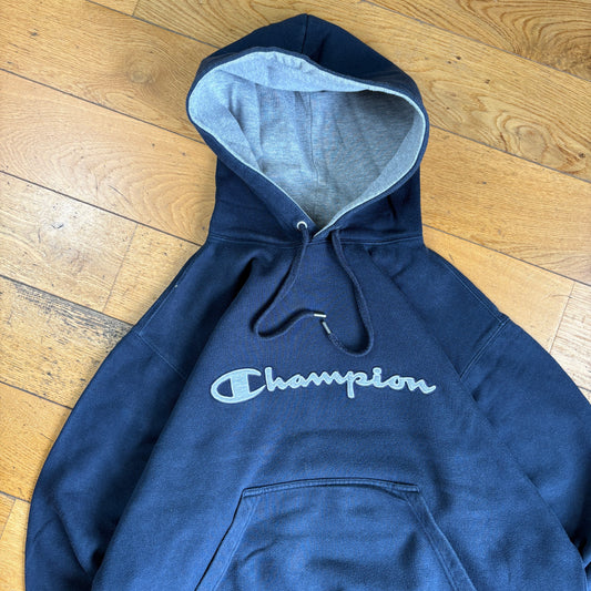 Vintage Champion Navy Boxy Hoodie Embroidered Sweatshirt - L