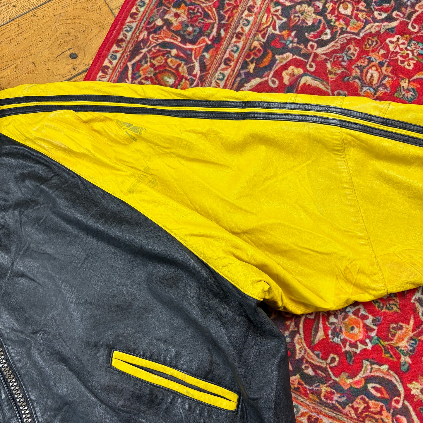 Vintage Cocon Leather Black Yellow Jacket - XL