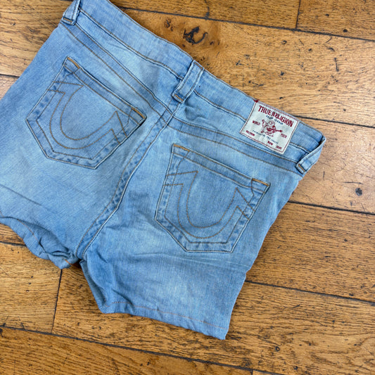 Vintage True Religion Blue Mini Embroidered Y2K Shorts Jorts - Size 14