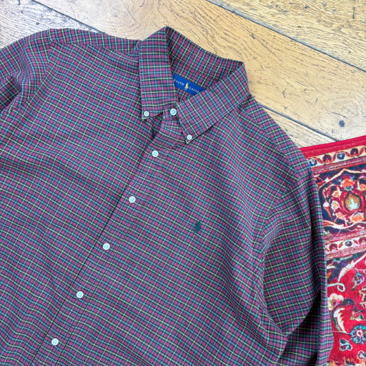 Vintage Ralph Lauren Burgundy Check Embroidered Shirt - XL