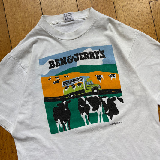 Vintage 1990 Ben and Jerrys Single Stitch White Graphic T-Shirt - S