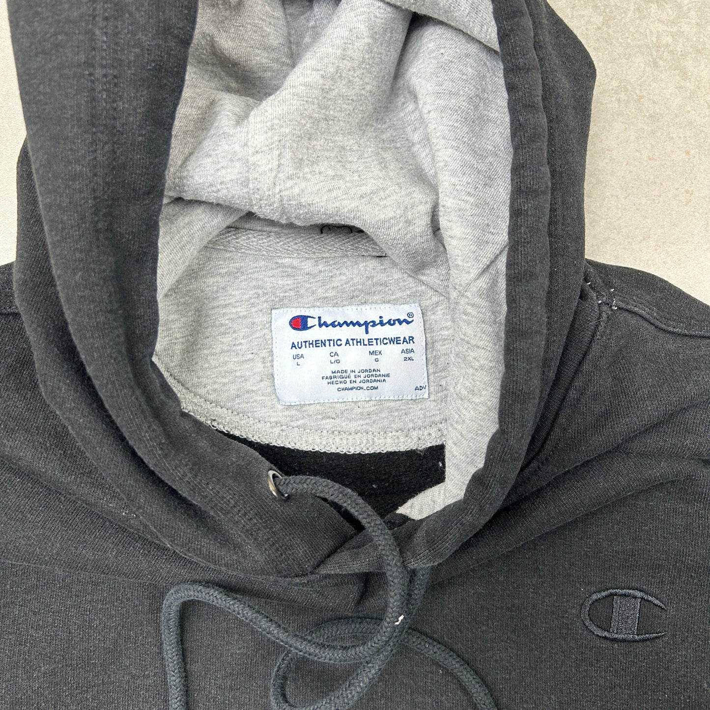 Vintage Champion Embroidered Boxy Black Hoodie Sweatshirt - L