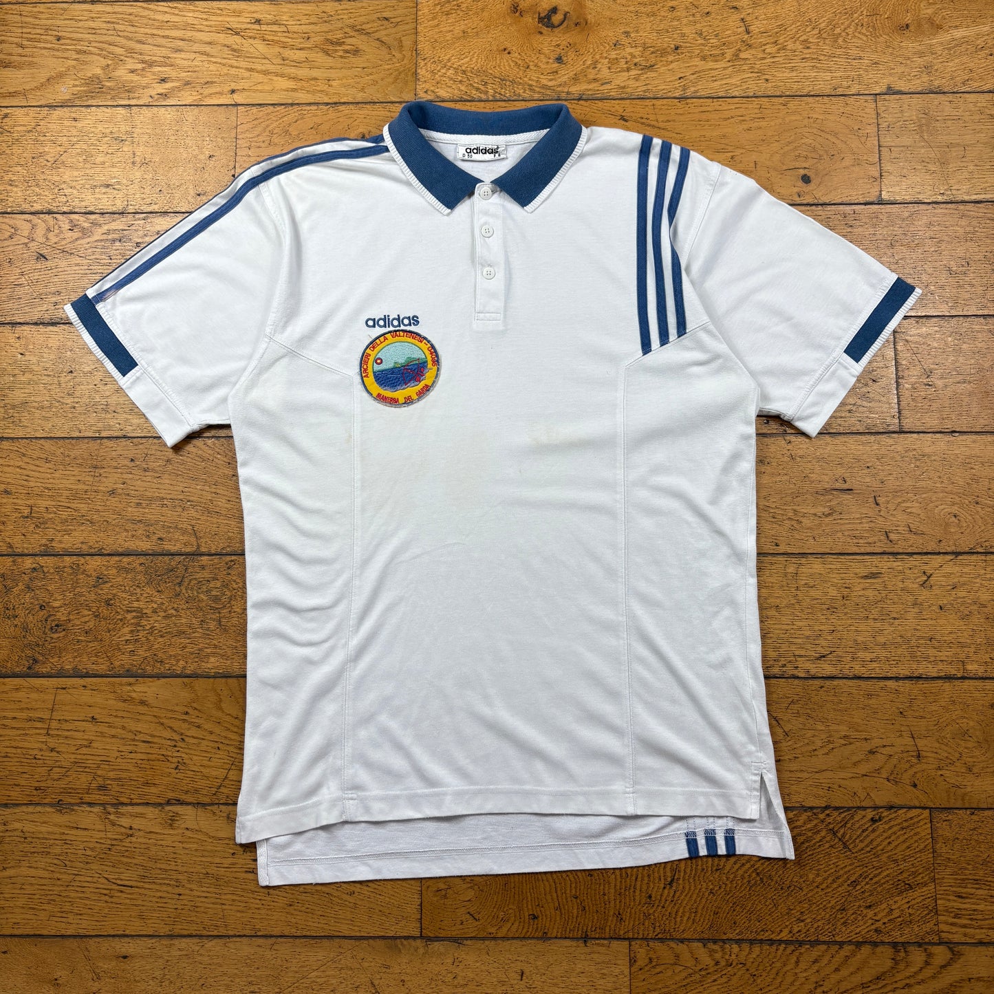 Vintage Adidas White Blue Polo T-Shirt - M
