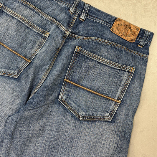 Vintage Embroidered Hip Hop Baggy Blue Shorts Jorts - 38