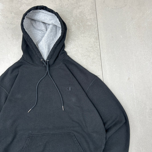 Vintage Champion Embroidered Boxy Black Hoodie Sweatshirt - L