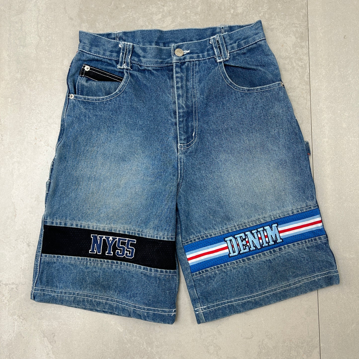 Vintage NY55 Embroidered Hip Hop Baggy Blue Shorts Jorts - 28