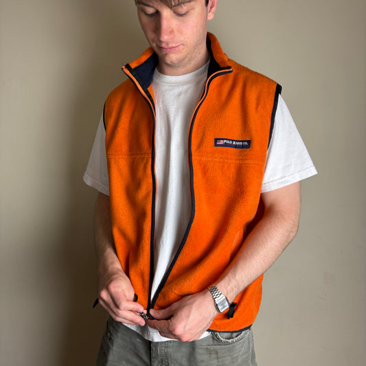 Vintage Ralph Lauren 90s Polo Jeans Orange Fleece Zip Vest Gilet - L