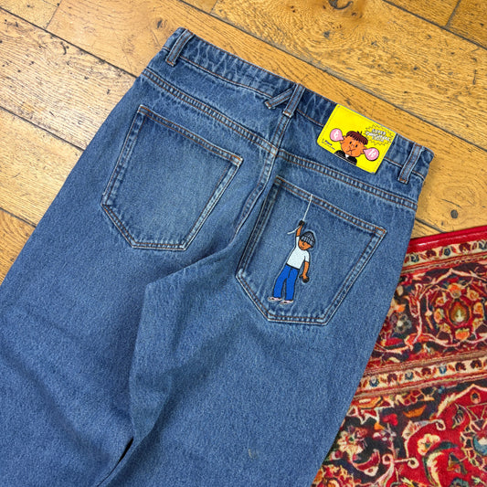 Vintage Chaos Blue Embroidered Y2K Hip Hop Baggy Jeans - 32