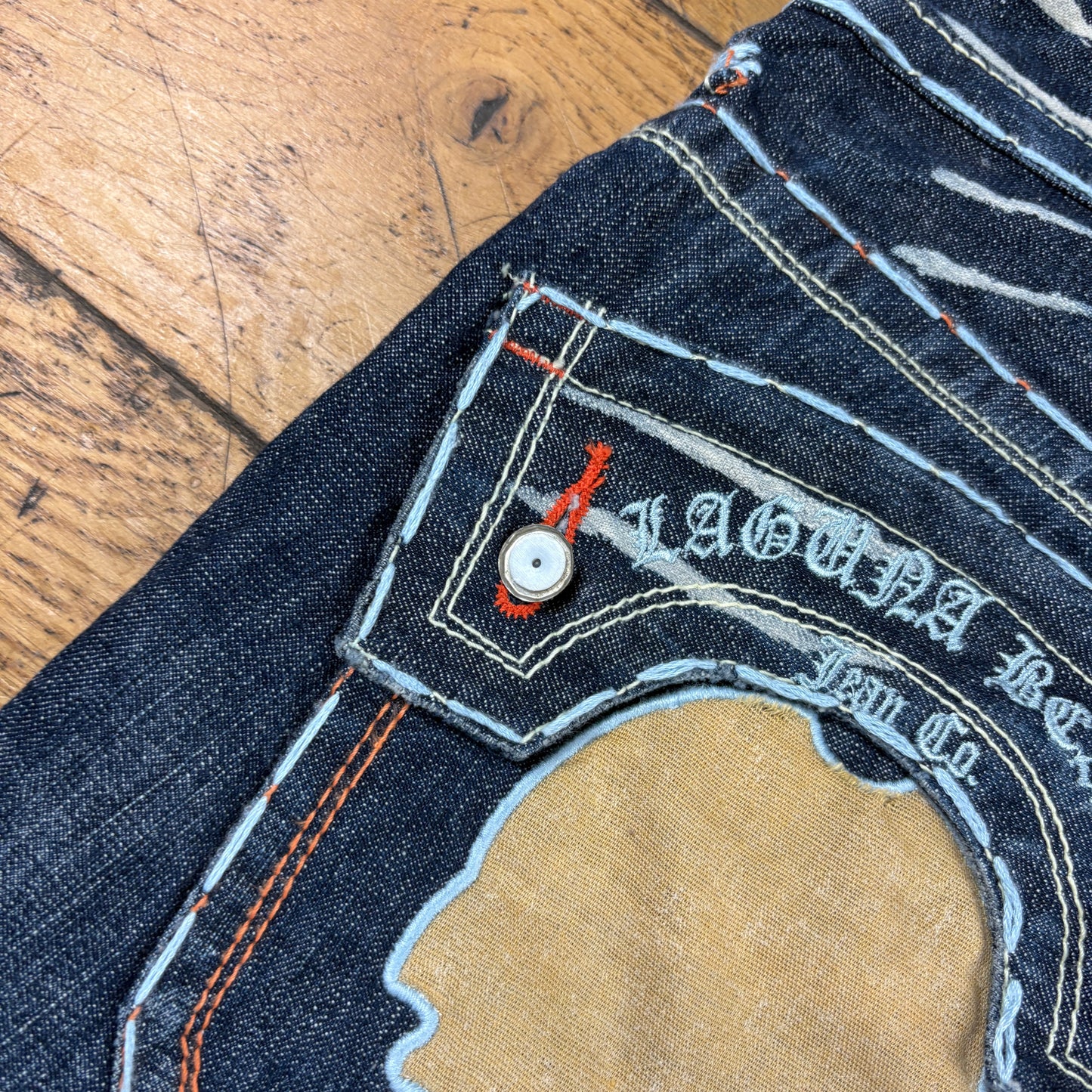 Vintage Laguna Beach Blue Embroidered Y2K Hip Hop Bootcut Jeans - 38