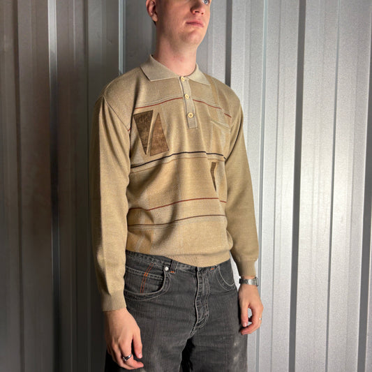 Vintage Cream Rugby Polo Stripe Chunky Knit Jumper - M