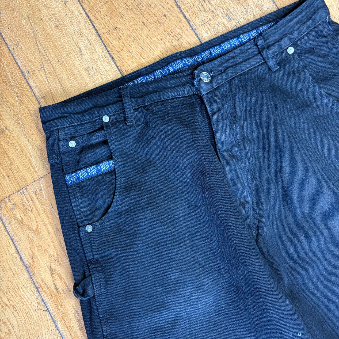 Vintage Raw Rags Embroidered Black Carpenter Hip Hop Baggy Jeans - 34