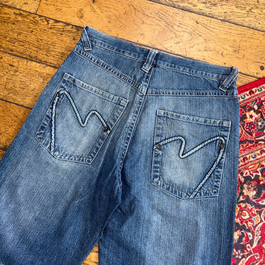 Vintage Mecca Blue Embroidered Y2K Hip Hop Baggy Jeans Shorts Jorts - 34
