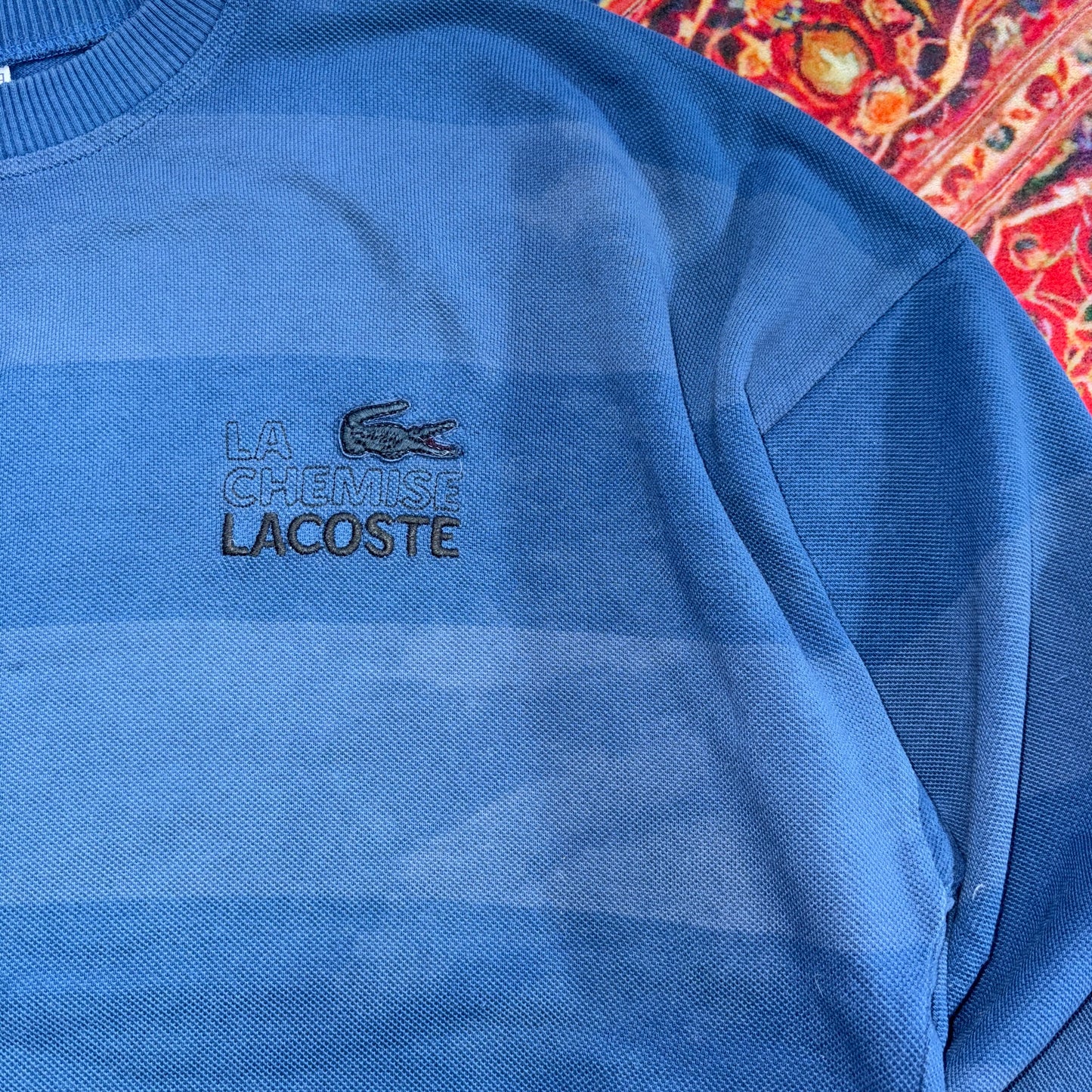 Vintage Chemise Lacoste Embroidered Blue Stripe Knit Jumper - 2XL