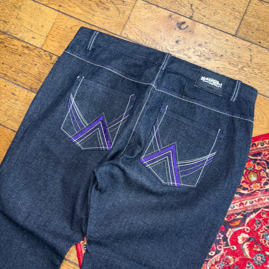 Vintage Urban Label Black Embroidered Y2K Hip Hop Baggy Jeans - 42R