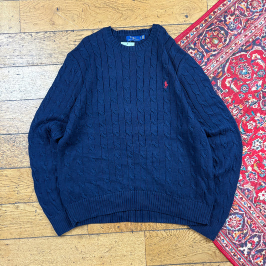 Vintage Ralph Lauren Navy Blue Cable Knit Jumper - XL
