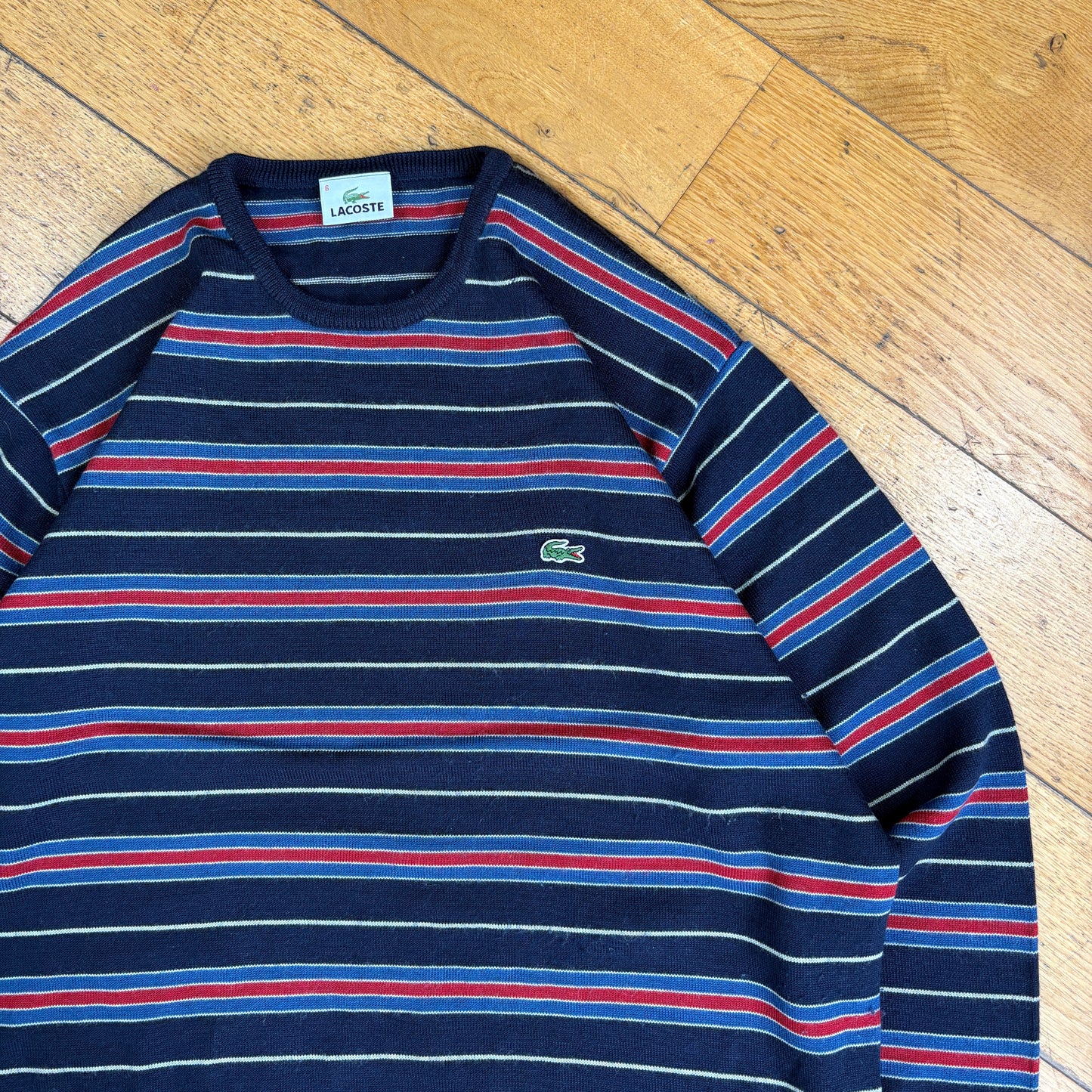 Vintage Lacoste Stripe Navy Red Wool Knit Jumper - L