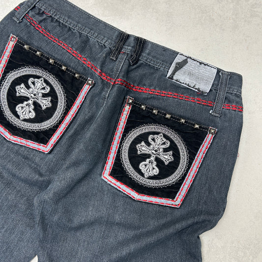 Vintage Embroidered Hip Hop Baggy Black Shorts Jorts - 34