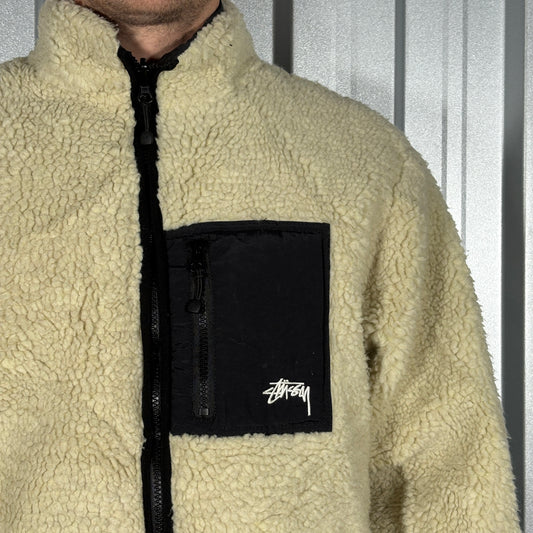 Stussy Cream 8 Ball Reversible Embroidered Fleece Jacket - M