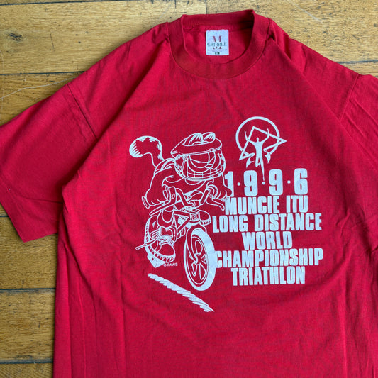 Vintage 1996 Garfield Triathlon Single Stitch Red Graphic T-Shirt - XL