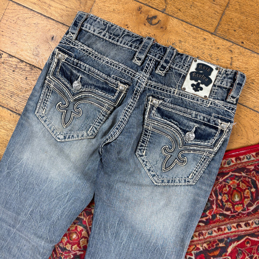 Vintage Rock Revival Blue Embroidered Y2K Hip Hop Bootcut Jeans - 34