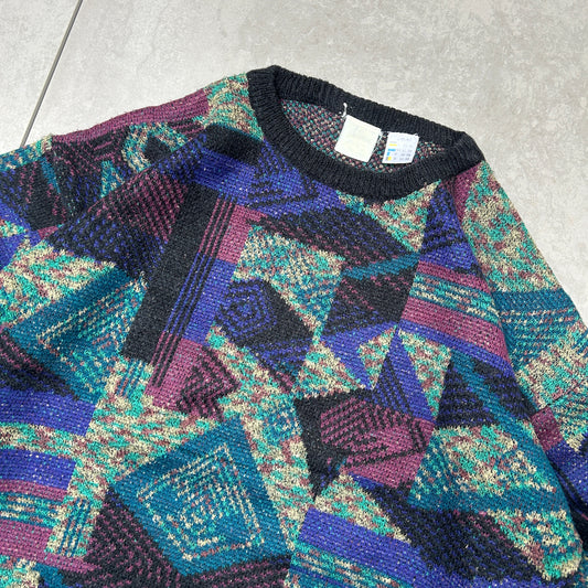 Vintage Italian Pattern Wool Chunky Knit Green Jumper - L