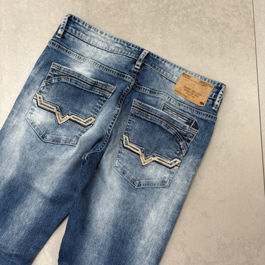 Vintage Embroidered Hip Hop Straight Blue Jeans - 32