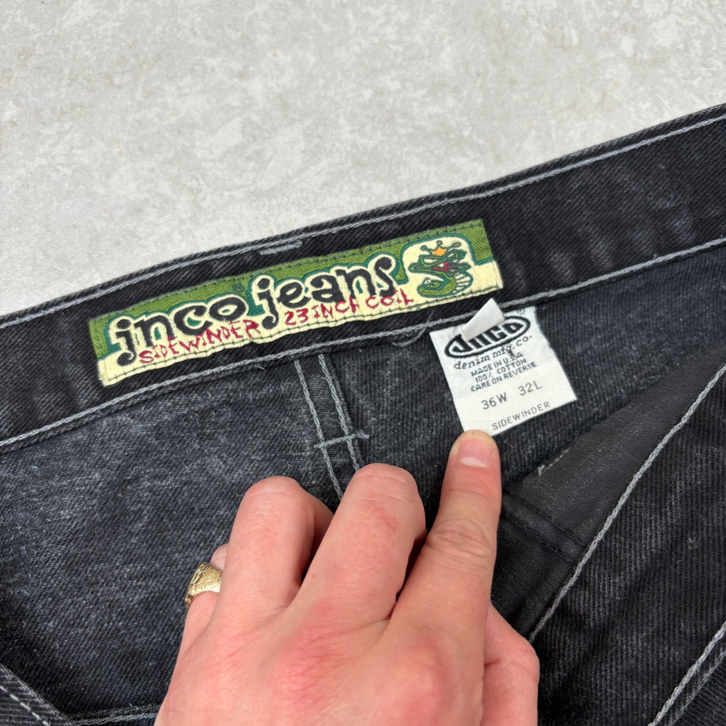 Vintage Rare 90s JNCO Sidewinder Black Embroidered Baggy Jeans - 36