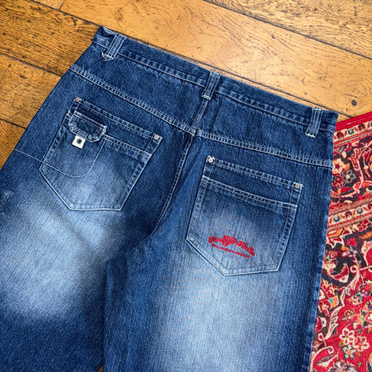 Vintage 96 North Blue Embroidered Y2K Hip Hop Baggy Jeans Shorts Jorts - 40