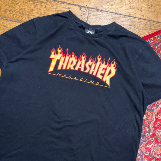 Vintage Thrasher Black Flames Skate Graphic T-Shirt - XL