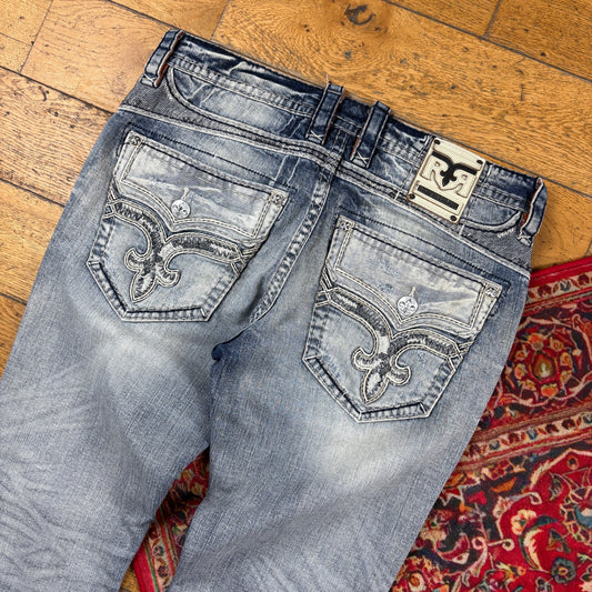 Vintage Rock Revival Blue Embroidered Y2K Hip Hop Straight Jeans - 38