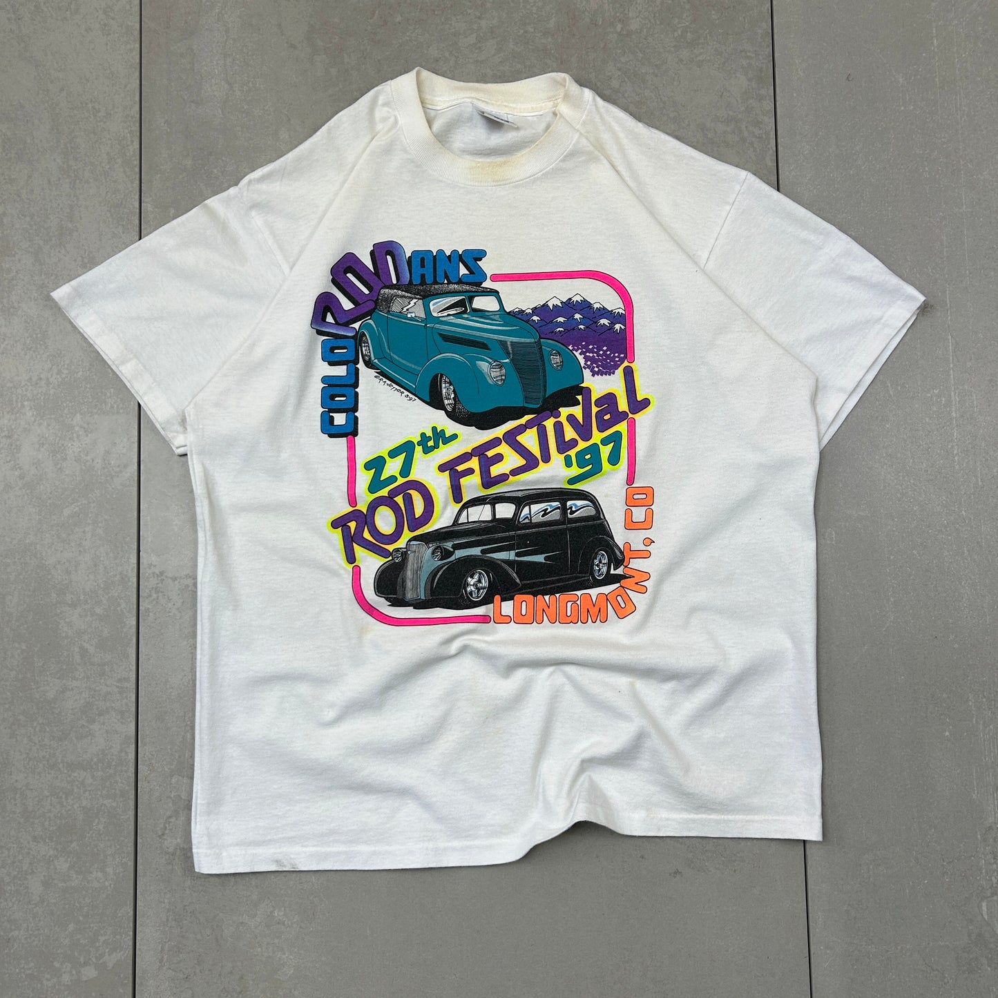 Vintage 1997 Single Stitch Car Graphic White T-Shirt - L