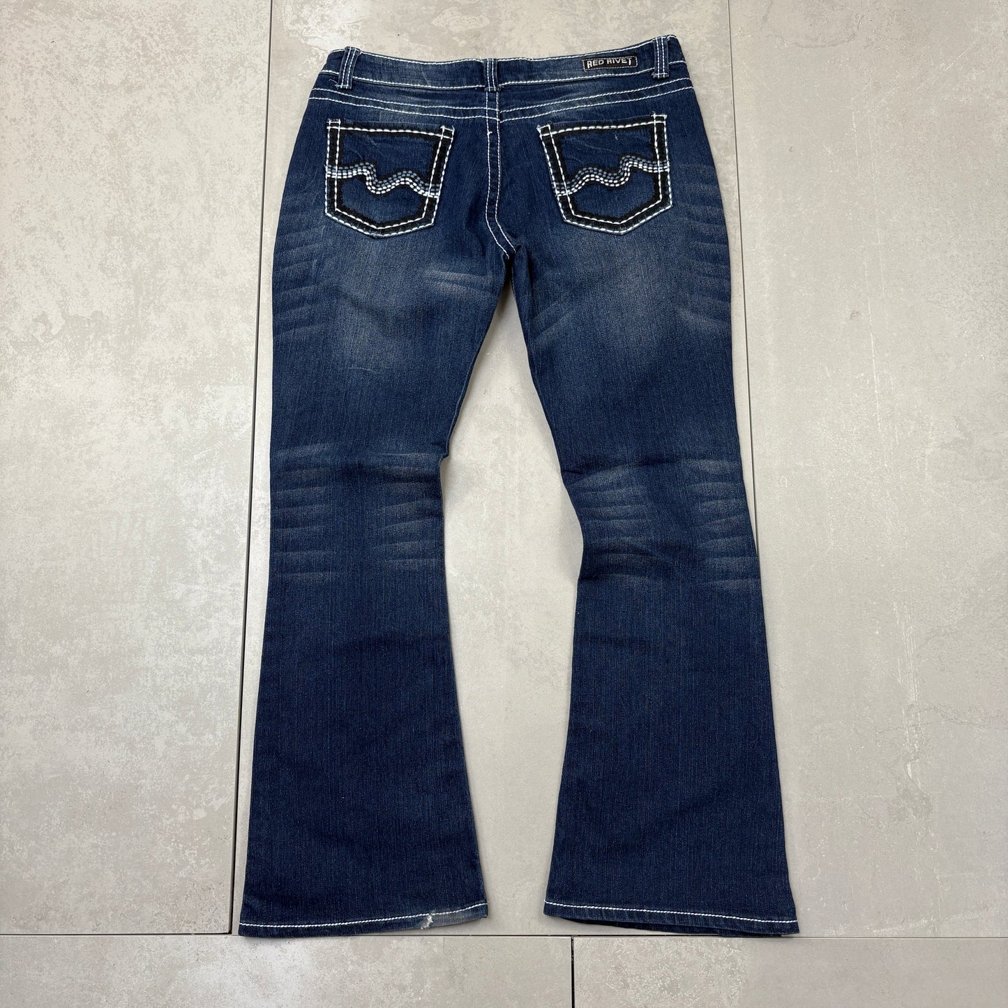Vintage Embroidered Hip Hop Flared Blue Y2K Bootcut Baggy Jeans - 38