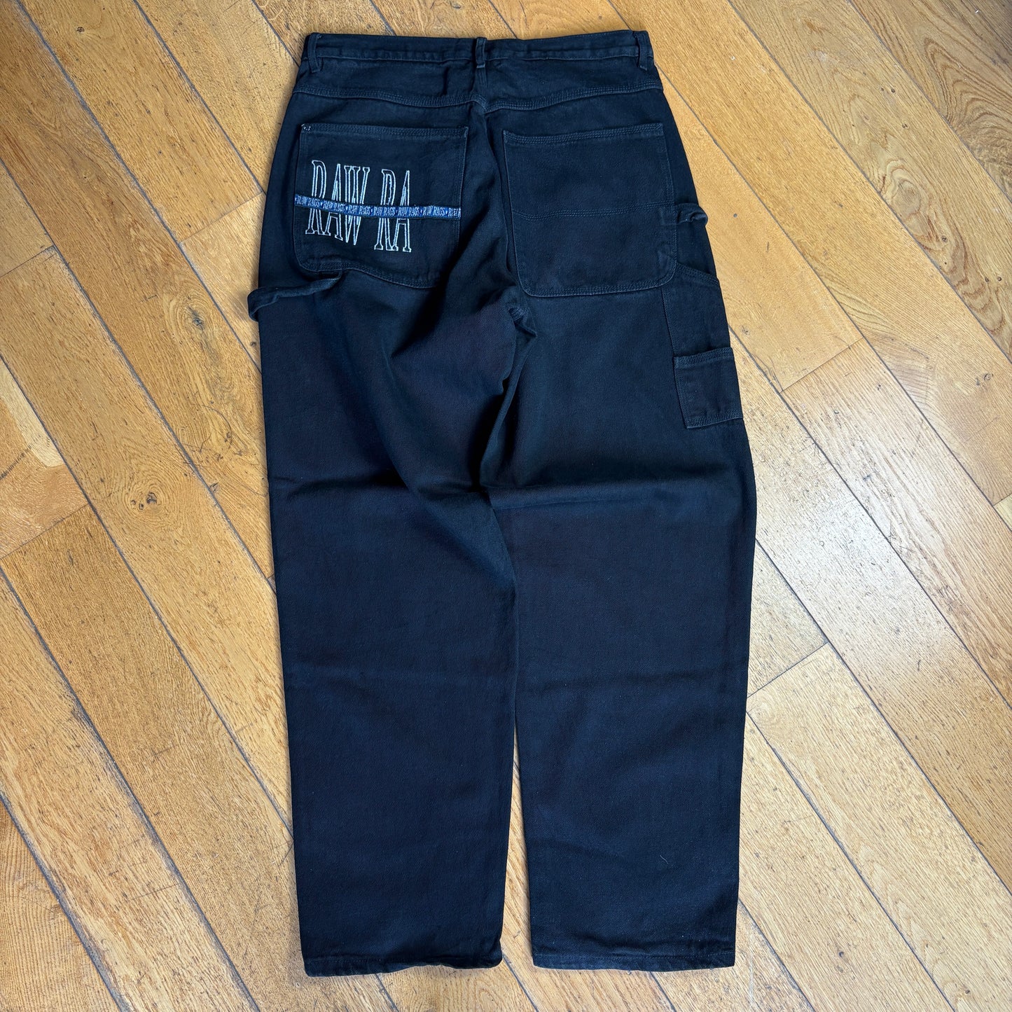 Vintage Raw Rags Embroidered Black Carpenter Hip Hop Baggy Jeans - 34