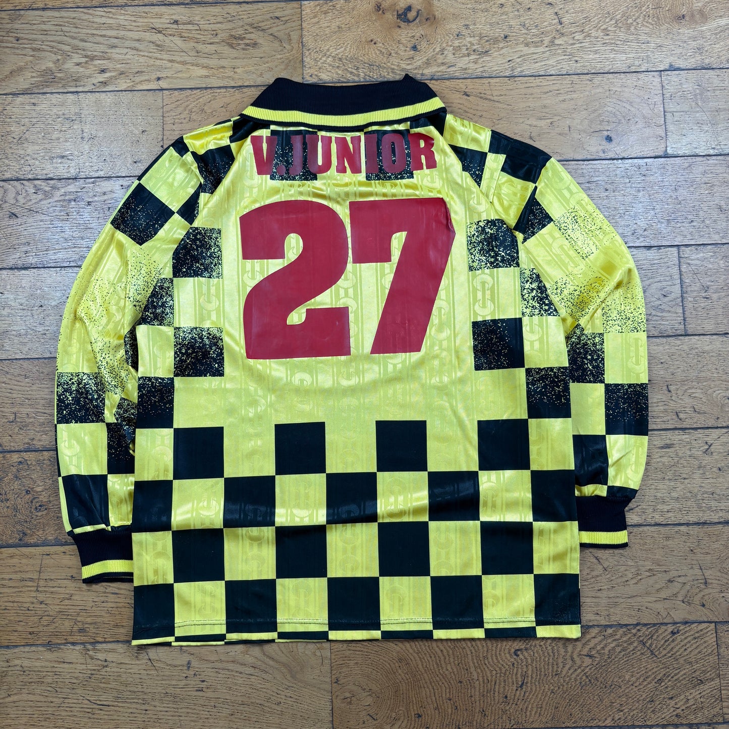 Vintage Yellow Long Sleeve Football Wavy Polo Rugby T-Shirt - L