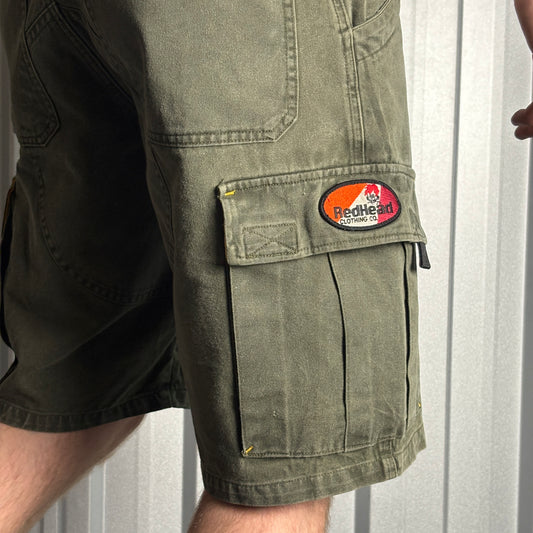 Vintage Red Head Green Embroidered Y2K Hip Hop Baggy Cargo Shorts Jorts - 30