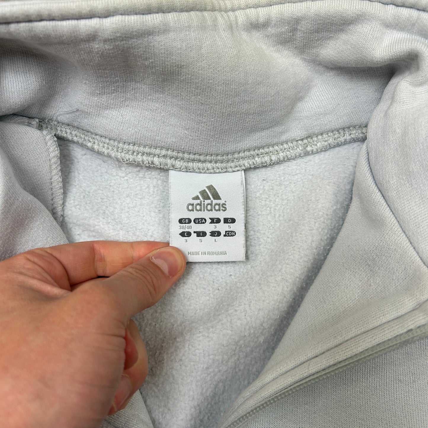 Vintage Adidas Light Blue Embroidered Zip Sweatshirt - L