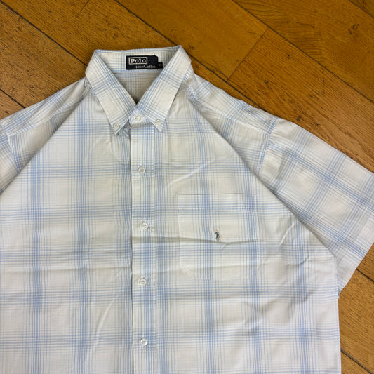 Vintage Ralph Lauren White Blue Check Short Sleeve Embroidered Shirt - XL