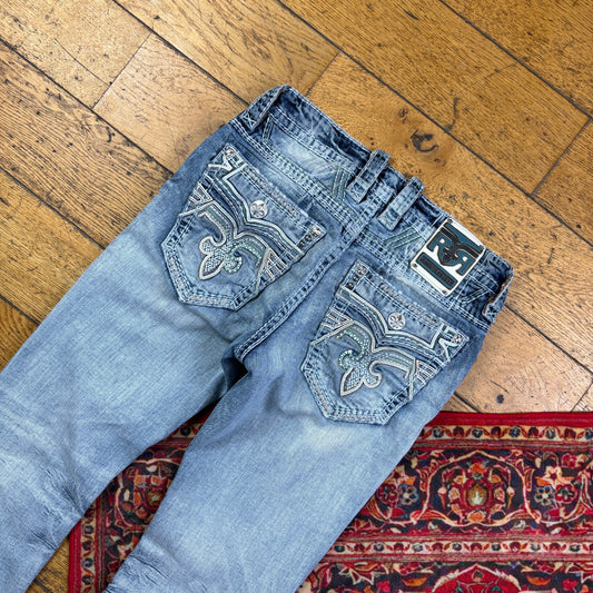 Vintage Rock Revival Blue Embroidered Y2K Hip Hop Straight Jeans - 34