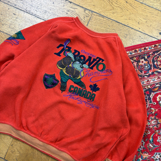 Vintage 90s Canada Hockey Orange Boxy Embroidered Sweatshirt - L