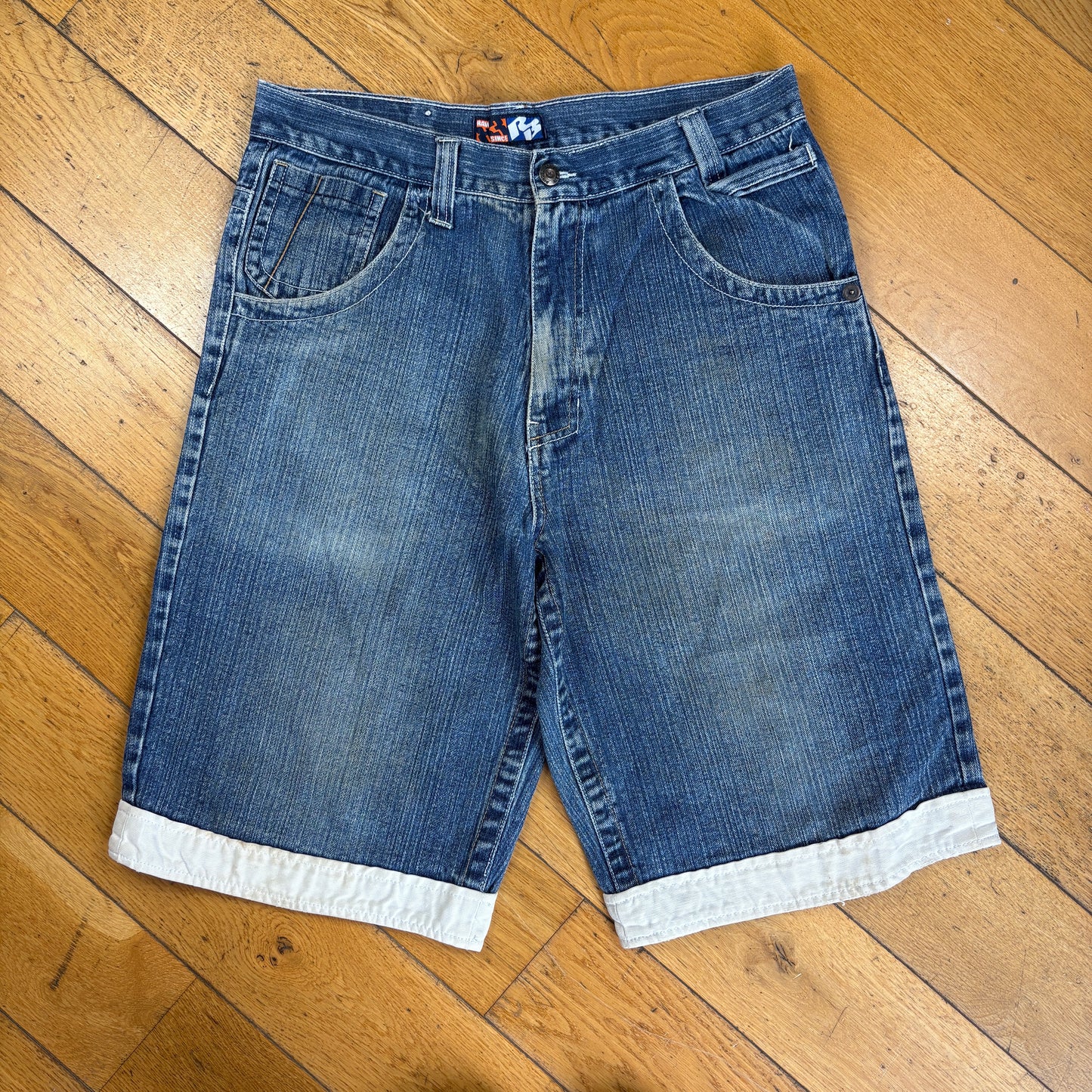 Vintage Raw Blue Embroidered Hip Hop Baggy Shorts Jorts - 34