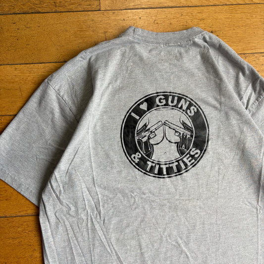 Vintage Dickies Funny Slogan Guns and Titties Grey Graphic T-Shirt - 2XL