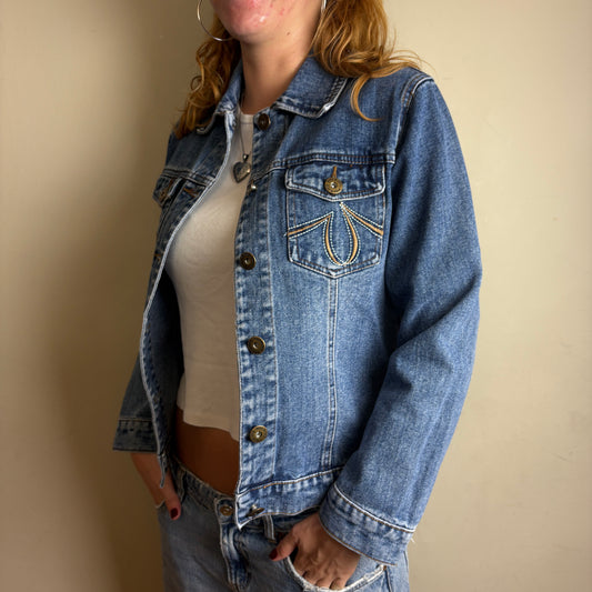 Vintage Blue Embroidered Womens Y2K Denim Jacket - L
