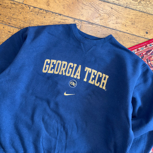 Vintage 90s Nike Navy Swoosh Georgia Tech Boxy Embroidered Sweatshirt - XL