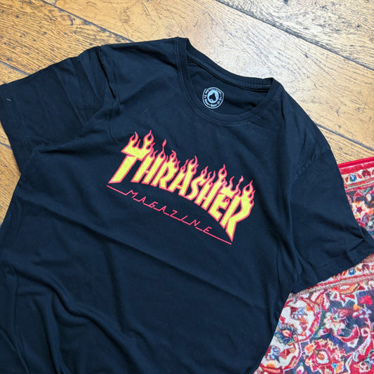 Vintage Thrasher Black Flames Graphic T-Shirt - XS