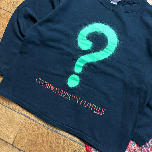 Vintage 1989 Guess Black Cropped Graphic Sweatshirt - M