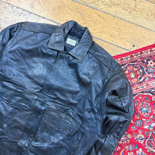 Vintage Bomber Aviator Dark Brown Black Leather Jacket - M