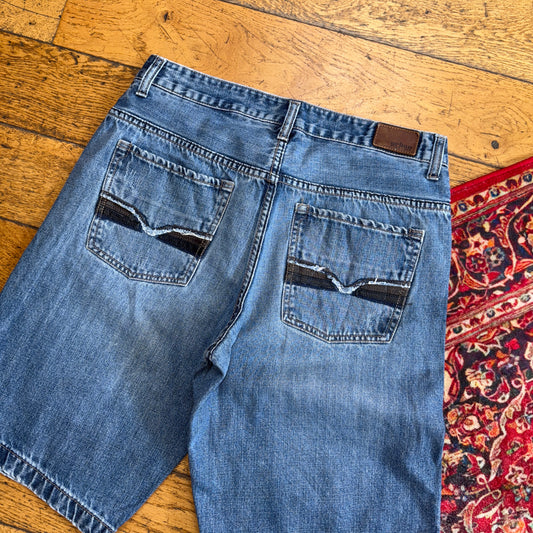 Vintage Embroidered Blue Hip Hop Baggy Shorts Jorts - 34