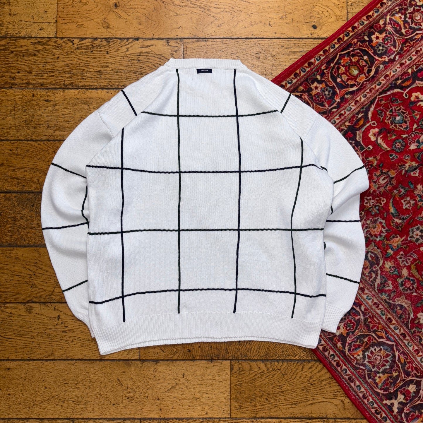 Vintage Nautica White Check Embroidered Knit Jumper - L