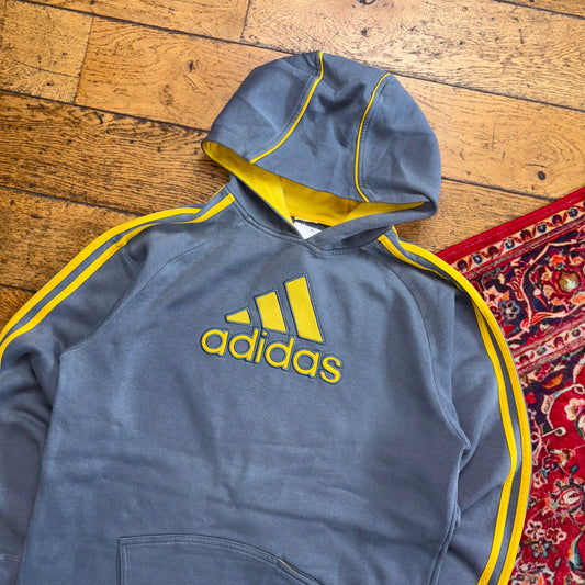 Vintage Adidas y2K Grey Yellow Hoodie Embroidered Sweatshirt - XS